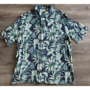 Caribbean Silk Blend Mens Large Hawaiian Shirt Blue Leaves Aloha Island Tropical